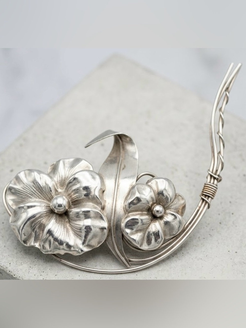 Vintage Sterling Silver Handcrafted Floral Pin Brooch